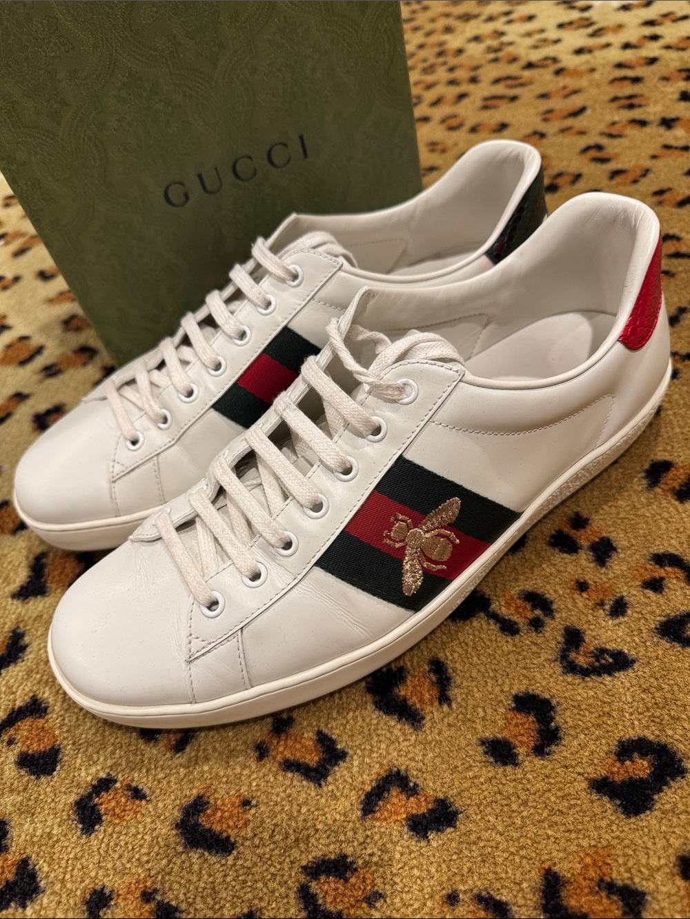 Gucci White Leather Sneakers with Red & Green Web and Gold Bee